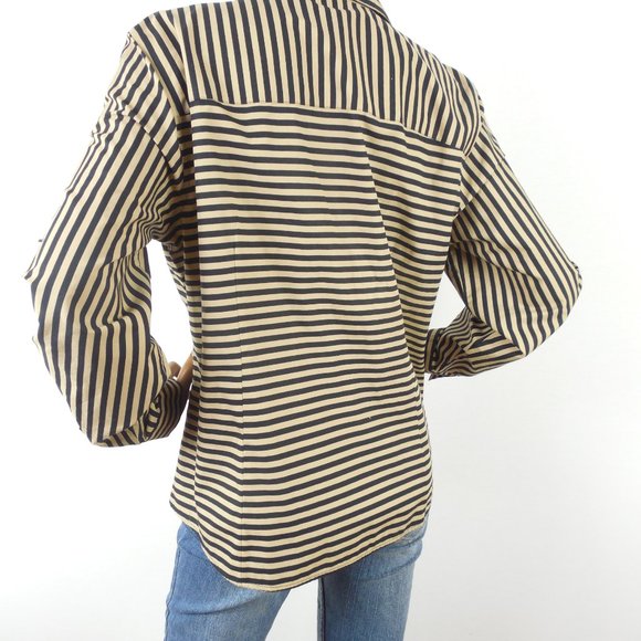 CHICO'S Top L Sz 2 Wrinkle Resist Tan/Black Stripe Button Down Blouse Cotton - Picture 6 of 9